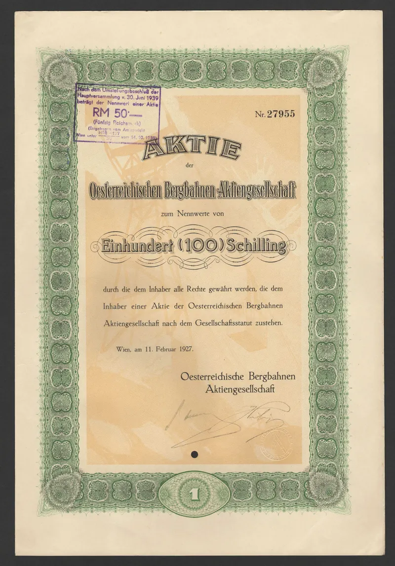 A share certificate of Österreichische Bergbahnen AG for one hundred Schilling, printed in green, dated Vienna, 11 February 1927.