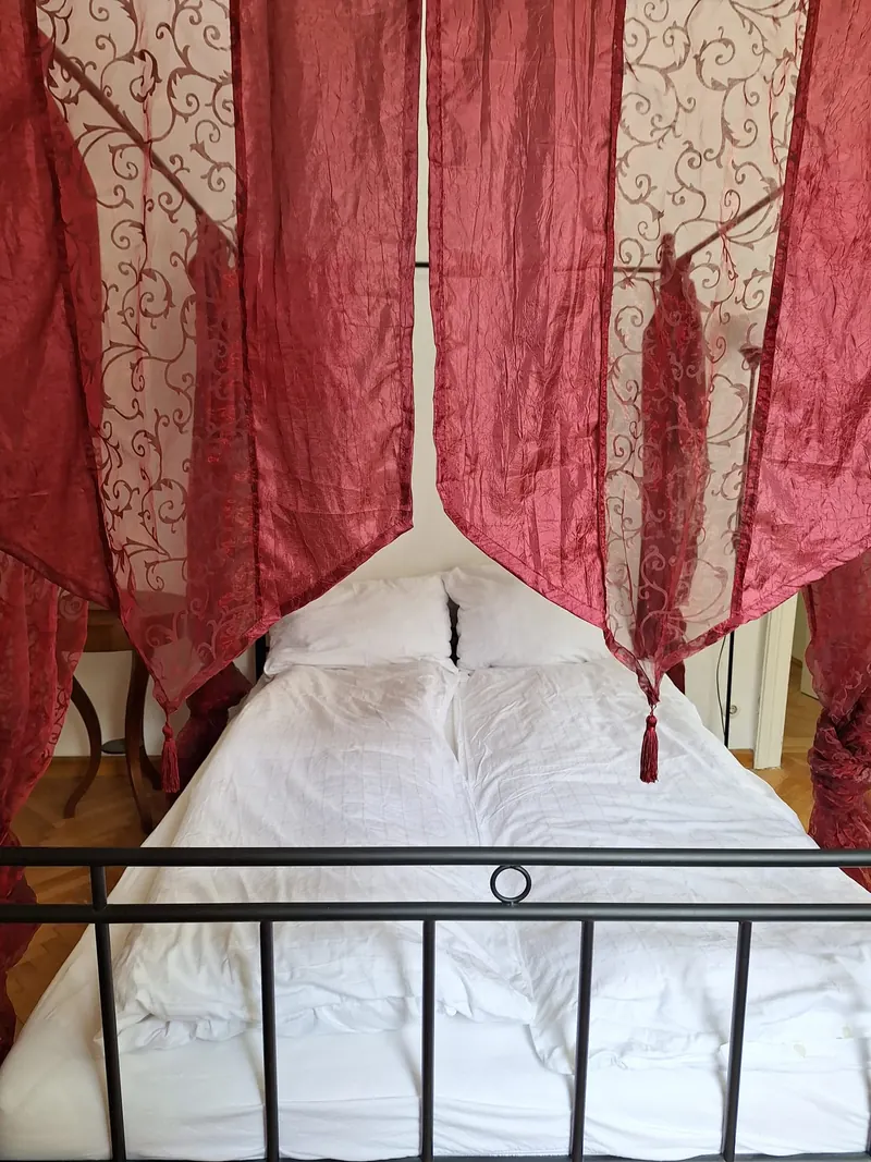 Close up of a bed under red canopy cloth and a patterned wall.
